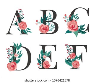 Set of floral monogram letters A, B, C, D, E, F with red vector roses flowers and berries for cards, wedding stationery, invitations and banners decoration