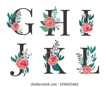 Set of floral monogram letters G, H, I, J, K, L with red vector roses flowers and berries for cards, wedding stationery, invitations and banners decoration