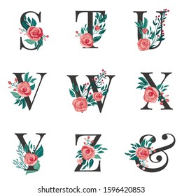 Set of floral monogram letters S,T, U, V, W, X, Y, Z, & with red vector roses flowers and berries for cards, wedding stationery, invitations and banners decoration