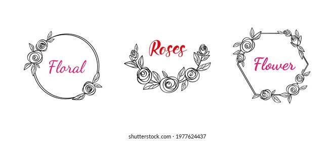 Set of floral monograms in form of frame. Round and polygonal floral frame made of rose flowers and leaves. For cutting SVG files on plotter. Frames for decorating the names of newlyweds at wedding svg