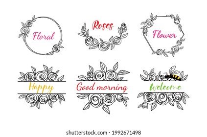 Set floral monograms in form of a frame on an isolated background. Monograms split with honey bee. Rose flower wreaths. Silhouette for plotter cutting SVG. Frame for decorating names at the wedding.  svg