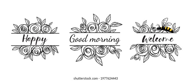 Set of floral monograms split in form of frame. Frame made of rose flowers and leaves and bee. For cutting SVG files on plotter. The frame is suitable for embellishing names on T-shirts svg