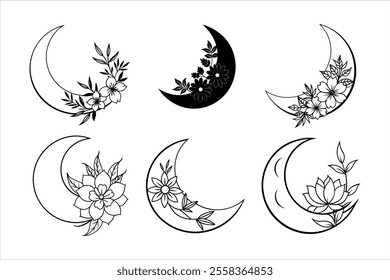 set of floral moon with star line art ,silhouette vector logo icon illustration on white background.	