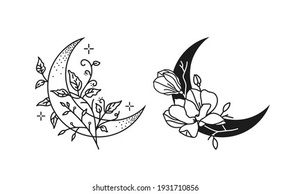 Set of floral moons. Crescent moons.