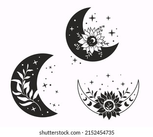 Set of floral moons. Illustration for greeting cards, invitations, t-shirts and tattoo