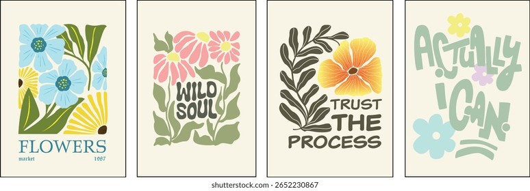 Conjunto de Pôsteres Florais Motivacionais com Aspas Positivas - Arte Vetorial Estilo Retrô