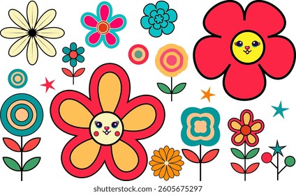 Set of floral multicolored groovy flowers White isolated background Floral poster invite Vector arrangements for greeting card or invitation design Botanical set retro elements Flowers with eyes