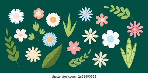 Set of floral multicolored spring summer wild flowers Green isolated backgroun Vector arrangements for greeting card or invitation design Botanical set elements