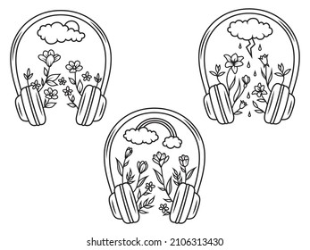 Set of floral music headphones. Collection of stylish headphones with clouds, wildflowers. Inspiration. Mental health. Vector illustration isolated on white background.