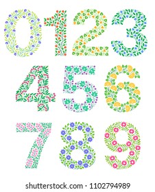 Set of floral numbers. Colorful clear modern illustration. Vector isolated illustration on white background. Illustration for t-shirts, posters, card and other uses.