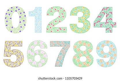 Set of floral numbers. Line clear modern illustration. Vector isolated illustration on white background. Illustration for t-shirts, posters, card and other uses.