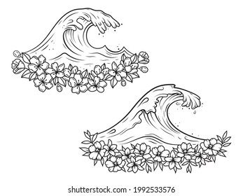 Set of floral ocean waves. Collection of stylized sea waves with tropical flower. Hand drawn surfing wind storm. Marine logo for travel agencies. Vector illustration for water decorations. 