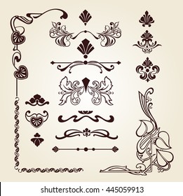 Conjunto de adornos florales, adornos florales en esquina, elementos florales, elementos florales de estilo Art Nouveau