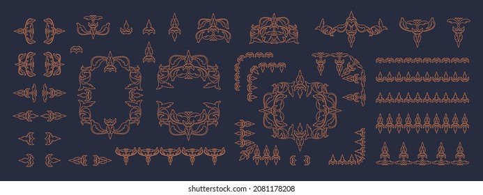 Set of floral ornament in renaissance style. Thin line drawing. Vector illustration. Isolated on black background