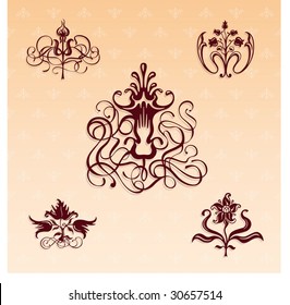 Set of floral ornamental design elements