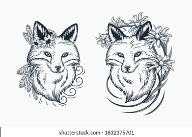 set of floral ornamented monochrome foxes