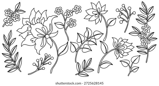 Conjunto de adornos florales, Imágenes vectoriales abstractas de flores y hojas en estilo oriental. Libro para colorear