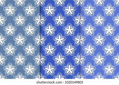 Set of floral ornaments. Blue vertical seamless patterns. Wallpaper backgrounds