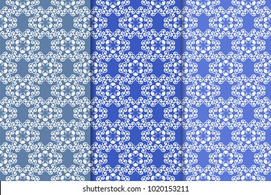 Set of floral ornaments. Blue vertical seamless patterns. Wallpaper backgrounds