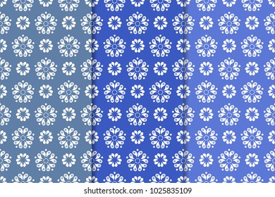 Set of floral ornaments. Blue vertical seamless patterns. Wallpaper backgrounds