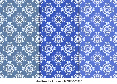 Set of floral ornaments. Blue vertical seamless patterns. Wallpaper backgrounds