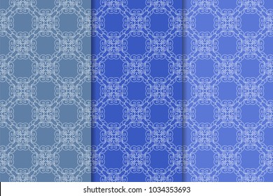 Set of floral ornaments. Blue vertical seamless patterns. Wallpaper backgrounds