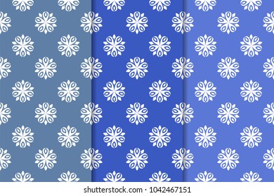 Set of floral ornaments. Blue vertical seamless patterns. Wallpaper backgrounds