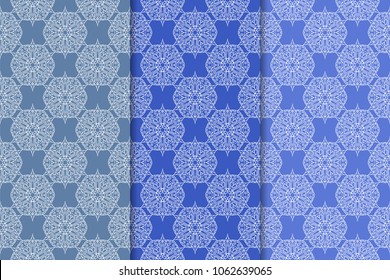 Set of floral ornaments. Blue vertical seamless patterns. Wallpaper backgrounds