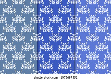 Set of floral ornaments. Blue vertical seamless patterns. Wallpaper backgrounds