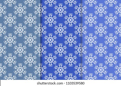 Set of floral ornaments. Blue vertical seamless patterns. Wallpaper backgrounds