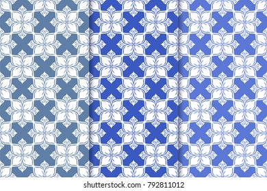 Set of floral ornaments. Blue vertical seamless patterns. Wallpaper backgrounds
