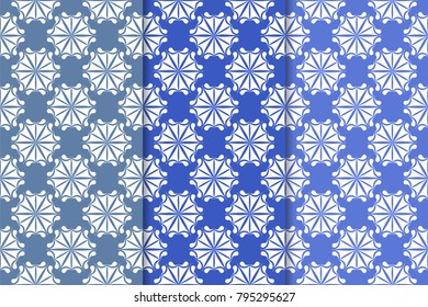 Set of floral ornaments. Blue vertical seamless patterns. Wallpaper backgrounds