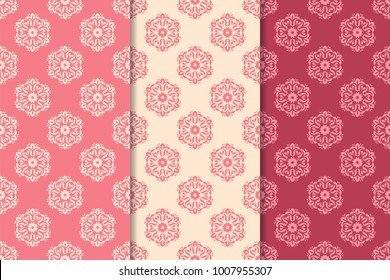 Set of floral ornaments. Cherry pink vertical seamless patterns. Wallpaper backgrounds