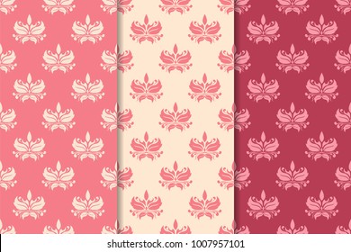 Set of floral ornaments. Cherry red vertical seamless patterns. Wallpaper backgrounds