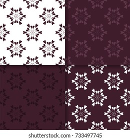 Set of floral ornaments. Maroon seamless patterns for wallpapers and fabric. Vector illustration