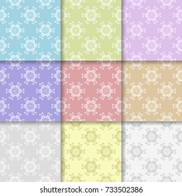 Set of floral ornaments. Multi colored seamless patterns for wallpapers and fabric. Vector illustration