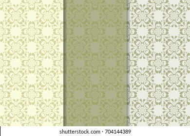 Set of floral ornaments. Olive green vertical seamless patterns. Wallpaper backgrounds