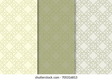 Set of floral ornaments. Olive green vertical seamless patterns. Wallpaper backgrounds