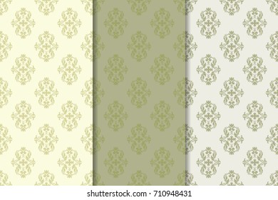 Set of floral ornaments. Olive green vertical seamless patterns. Wallpaper backgrounds