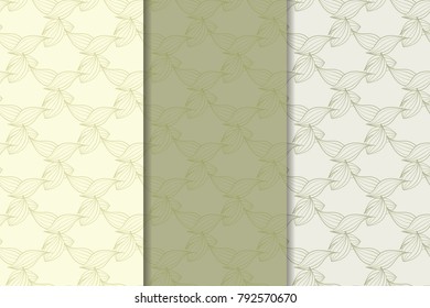 Set of floral ornaments. Set of olive green vertical seamless patterns. Wallpaper backgrounds