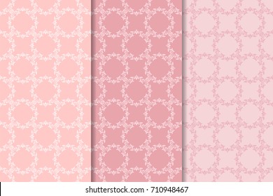 Set of floral ornaments. Pale pink vertical seamless patterns. Wallpaper backgrounds
