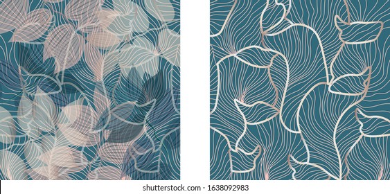 Set of floral ornaments pattern and fluid lines design. Green and rose color