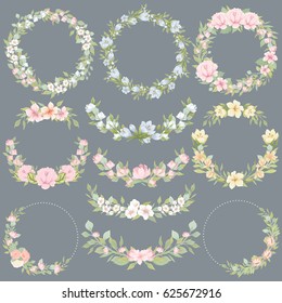 Set of floral ornaments and wreaths. Vector wedding decorations