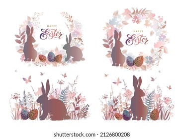 Set of floral pastel backgrounds with rabbits, wildflowers and butterflies. Easter backgrounds. Vector illustration.