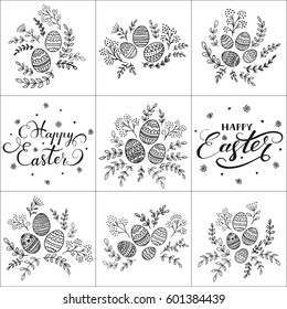 Set of floral pattern and decorative eggs on white background and lettering Happy Easter, illustration.