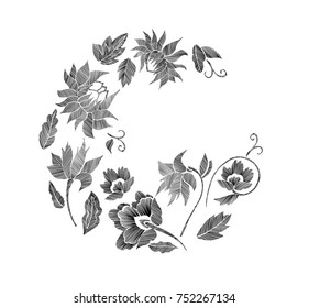 Set of floral pattern with fantasy flowers isolated. Vector illustration hand drawn. Embroidery design elements - flowers, leaves.