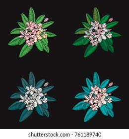 set of floral pattern with  flowers embroidery Frangipani and leaves, Plumeria on black background 
