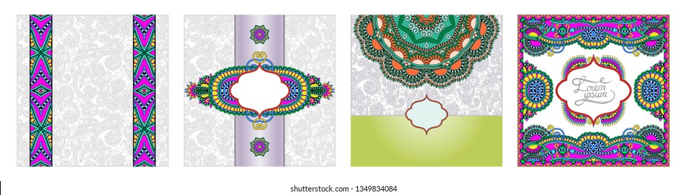 set of floral pattern in indian kalamkari oriental ethnic style for your greeting card or invitation, template frame design for card, vintage lace doily, vector illustration