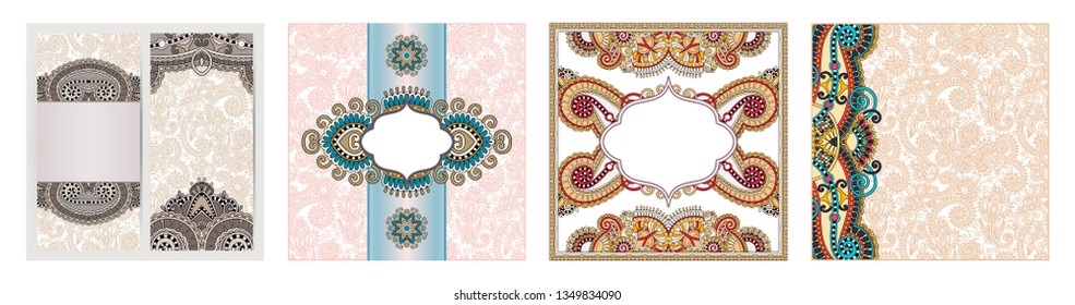 set of floral pattern in indian kalamkari oriental ethnic style for your greeting card or invitation, template frame design for card, vintage lace doily, vector illustration