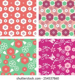 set floral pattern  seamless blossom cherry on pink background